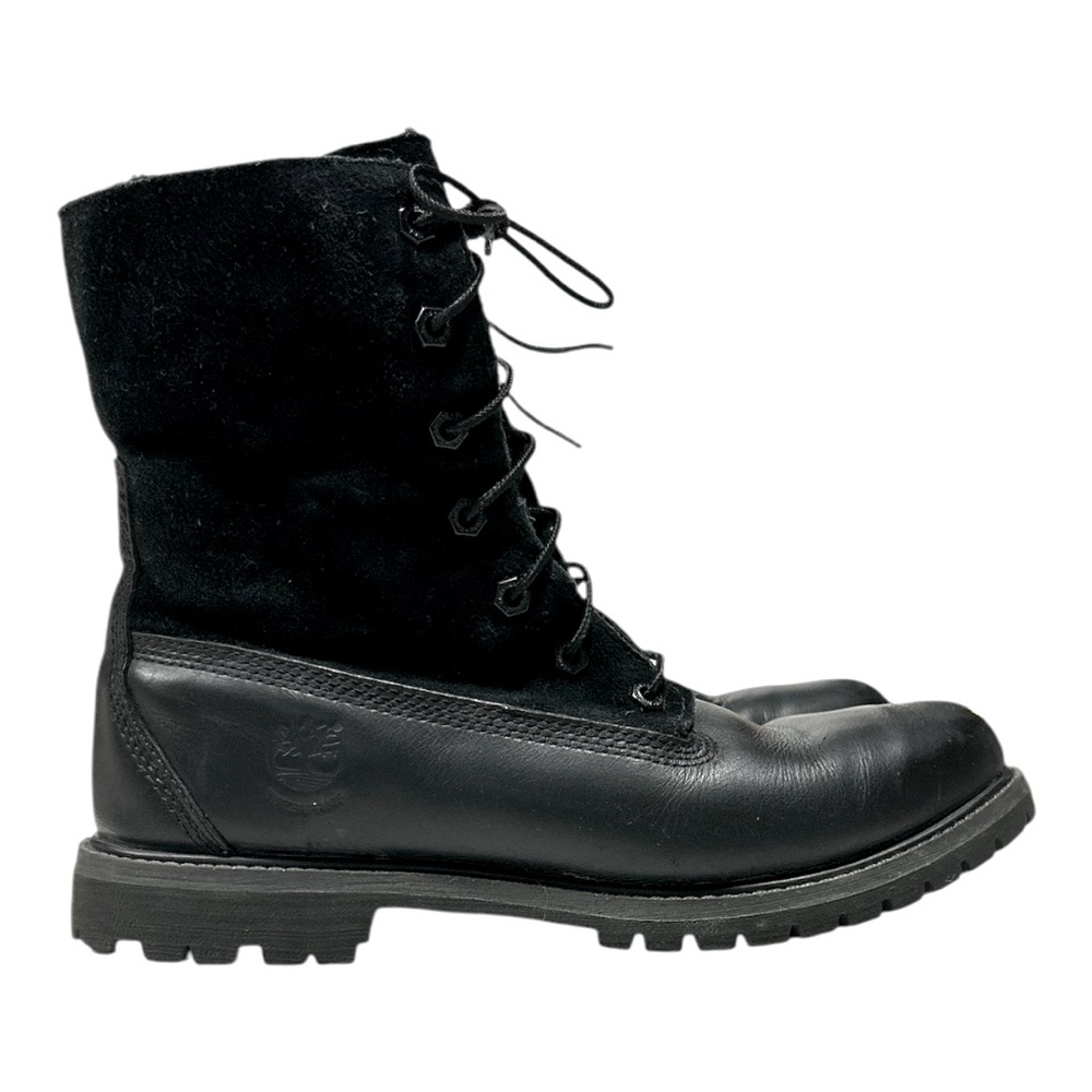 Timberland Black Leather Teddy Fleece Waterproof Fold Down Boots Lace Up Sz 9 - Picture 14 of 16